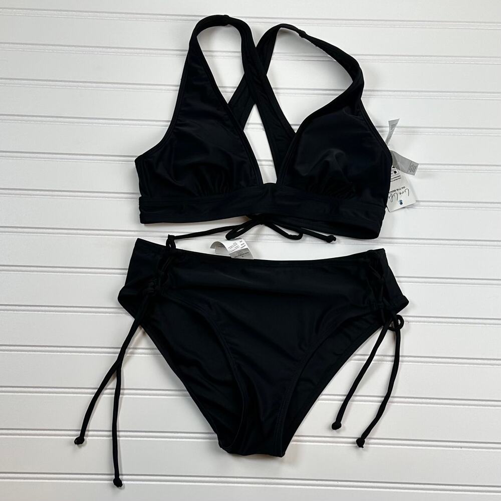 Women Small Black 2 Piece V-Neck Triangle Top Cross Back Bikini Lace Up Mid Rise